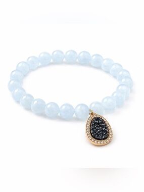 Jia Jia Aquamarine Stretch Bracelet Charcoal Druzy 18k Gold Plate NEW